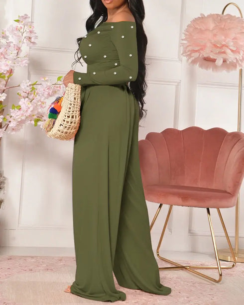 Pearls Decor Skew Neck Long Sleeve Cinched Waist Overalls Casual Ruched Zipper Back Wide Leg Jumpsuit Army green
