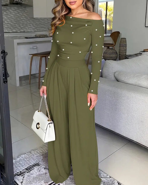 Pearls Decor Skew Neck Long Sleeve Cinched Waist Overalls Casual Ruched Zipper Back Wide Leg Jumpsuit Army green