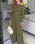 Pearls Decor Skew Neck Long Sleeve Cinched Waist Overalls Casual Ruched Zipper Back Wide Leg Jumpsuit Army green