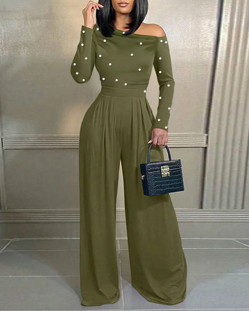Pearls Decor Skew Neck Long Sleeve Cinched Waist Overalls Casual Ruched Zipper Back Wide Leg Jumpsuit Army green