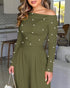 Pearls Decor Skew Neck Long Sleeve Cinched Waist Overalls Casual Ruched Zipper Back Wide Leg Jumpsuit Army green