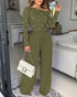 Pearls Decor Skew Neck Long Sleeve Cinched Waist Overalls Casual Ruched Zipper Back Wide Leg Jumpsuit Army green