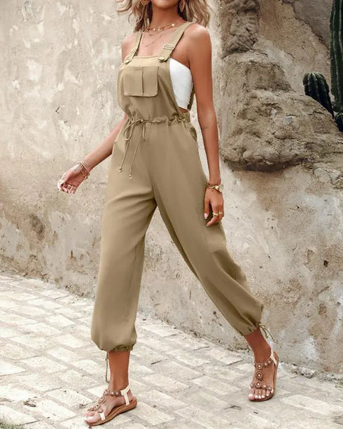 Pocket Design Drawstring Suspender Jumpsuit khaki
