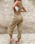 Pocket Design Drawstring Suspender Jumpsuit khaki