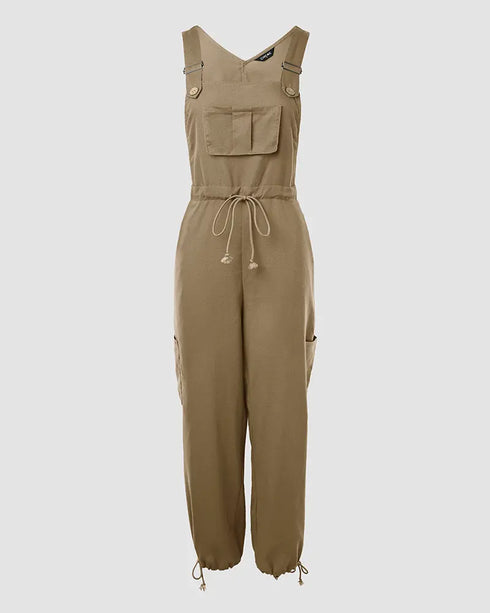 Pocket Design Drawstring Suspender Jumpsuit khaki