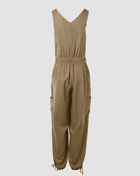 Pocket Design Drawstring Suspender Jumpsuit khaki