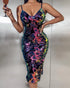 Sequin Leopard Pattern V-Neck Spaghetti Strap Bodycon Dress Slit Party Club Sexy Dress black