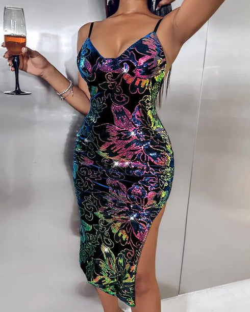 Colorful Sequin Floral Jacquard Pattern Bodycon Dress Backless Slit Party Club Slip Dress black