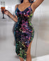 Colorful Sequin Floral Jacquard Pattern Bodycon Dress Backless Slit Party Club Slip Dress black