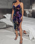 Colorful Sequin Floral Jacquard Pattern Bodycon Dress Backless Slit Party Club Slip Dress black
