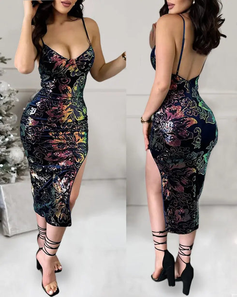 Colorful Sequin Floral Jacquard Pattern Bodycon Dress Backless Slit Party Club Slip Dress black