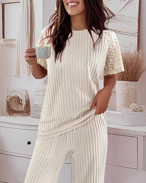 2 Pieces Outfit Round Neck Lace Spliced Short Sleeve Top and Elastic Waist Straight Leg Pants Set Casual Brushed Ribbed Pajamas Set Apricot