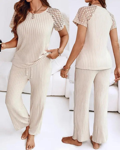 2 Pieces Outfit Floral Print Long Sleeve Drop Shoulder Top and Elastic Waist Pants Sets Casual Pajamas Set Apricot