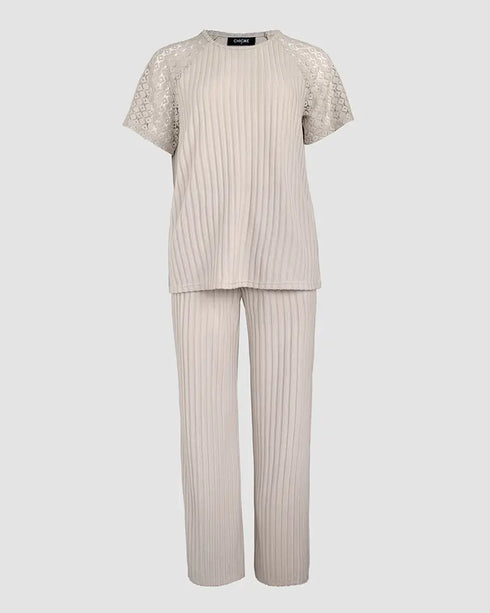 Floral Butterfly Print Round Neck Long Sleeve Top and Causal Pants Set with Pocket Apricot