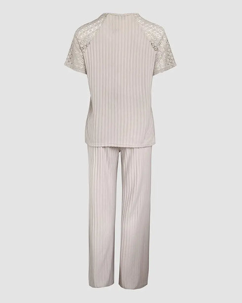 2 Pieces Outfit Plaid Print Pocket Design Long Sleeve Drop Shoulder Top and Plaid Print Elastic Waist Wide Leg Pants Set Casual Pajamas Set Apricot