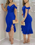 Cold Shoulder Pearls Strap Cowl Neck Evening Bodycon Dress Elegant High Slit Fishtail Maxi Dress blue