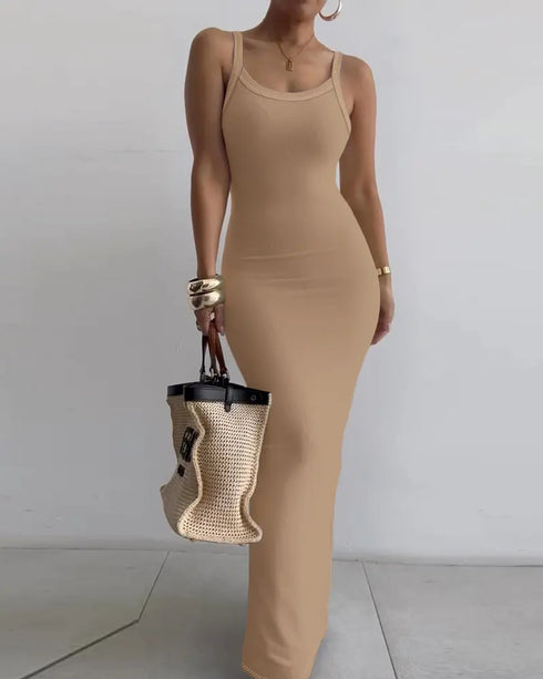 Spaghetti Strap U-Neck Casual Maxi Dress Slim Fit Cami Vacation Dress Light Brown