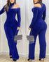 Rhinestone Decor Halter Cold Shoulder Long Sleeve Overalls Hollow-out Front Zipper Back Jumpsuit with Belt blue