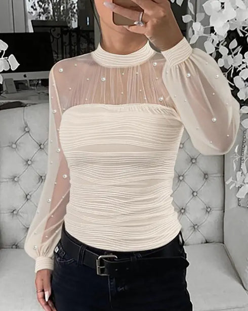 Rhinestone Decor Mock Neck Lantern Sleeve Sheer Mesh Spliced Tee Hollow-out Back Slim Fit Top Apricot