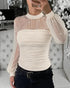 Rhinestone Decor Mock Neck Lantern Sleeve Sheer Mesh Spliced Tee Hollow-out Back Slim Fit Top Apricot