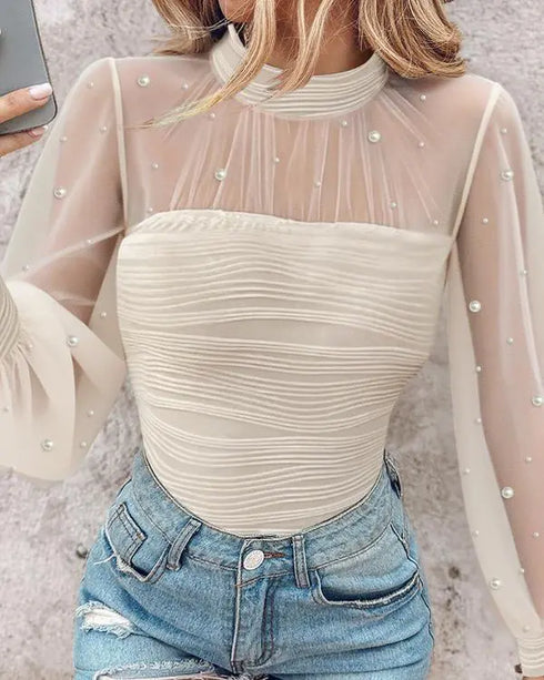 Rhinestone Decor Mock Neck Lantern Sleeve Sheer Mesh Spliced Tee Hollow-out Back Slim Fit Top Apricot