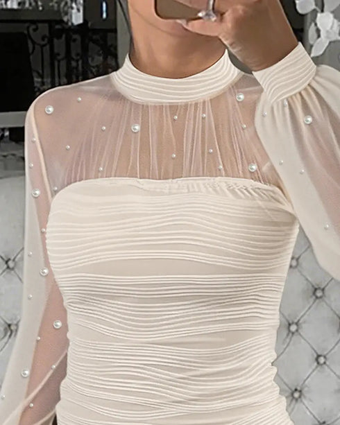 Rhinestone Decor Mock Neck Lantern Sleeve Sheer Mesh Spliced Tee Hollow-out Back Slim Fit Top Apricot