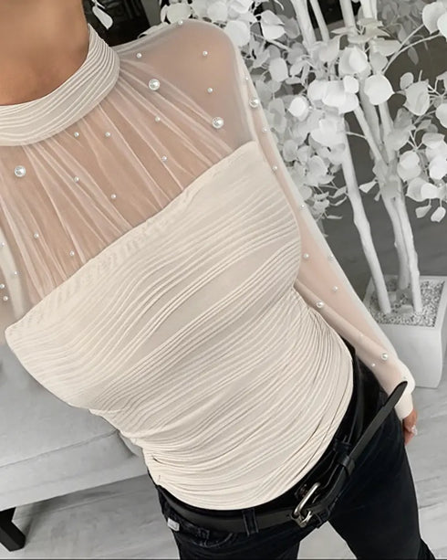 Rhinestone Decor Mock Neck Lantern Sleeve Sheer Mesh Spliced Tee Hollow-out Back Slim Fit Top Apricot