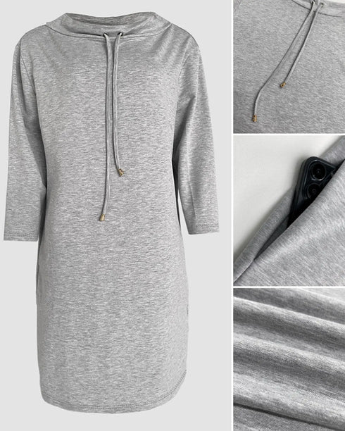 Stand Collar Drawstring Three Quarters Sleeve Casual Sweatshirt Dress gray