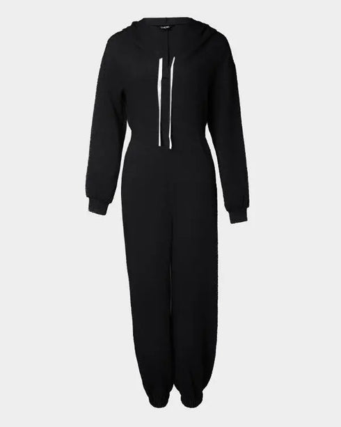 Hooded Kangaroo Pocket Design Stretchy Waist Cuffed Jumpsuit black