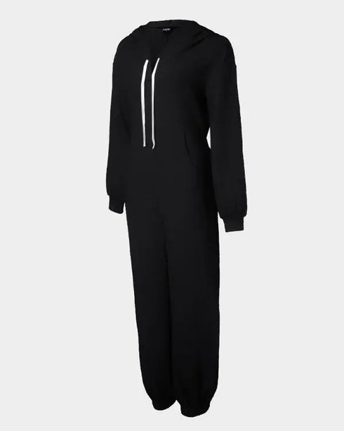 Hooded Kangaroo Pocket Design Stretchy Waist Cuffed Jumpsuit black