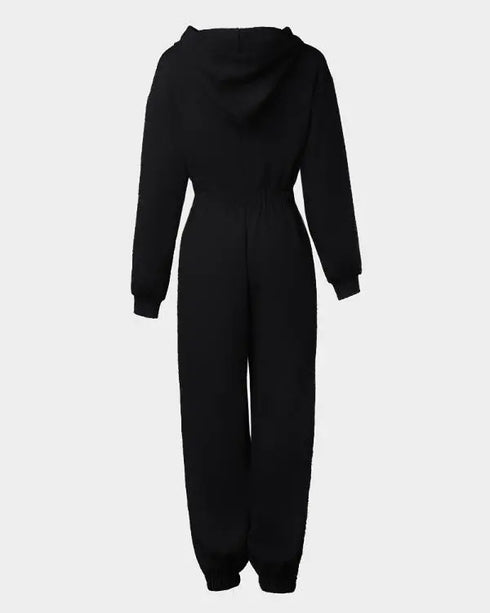 Hooded Kangaroo Pocket Design Stretchy Waist Cuffed Jumpsuit black