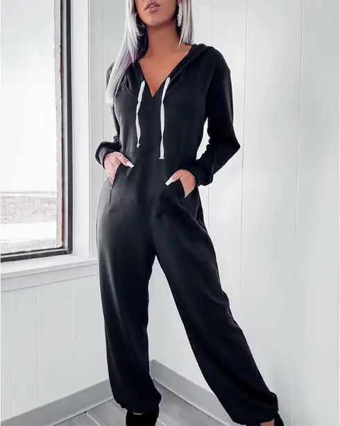 Hooded Kangaroo Pocket Design Stretchy Waist Cuffed Jumpsuit black