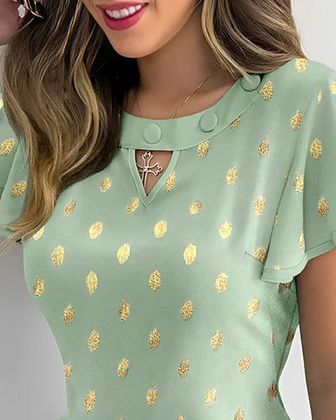 Round Neck Ruffles Short Sleeve Blouse Casual Bronzing Polka Dot Top light green