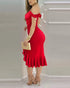 Cold Shoulder Pearls Strap Cowl Neck Evening Bodycon Dress Elegant High Slit Fishtail Maxi Dress red