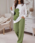 Floral Butterfly Print Round Neck Long Sleeve Top and Causal Pants Set with Pocket green