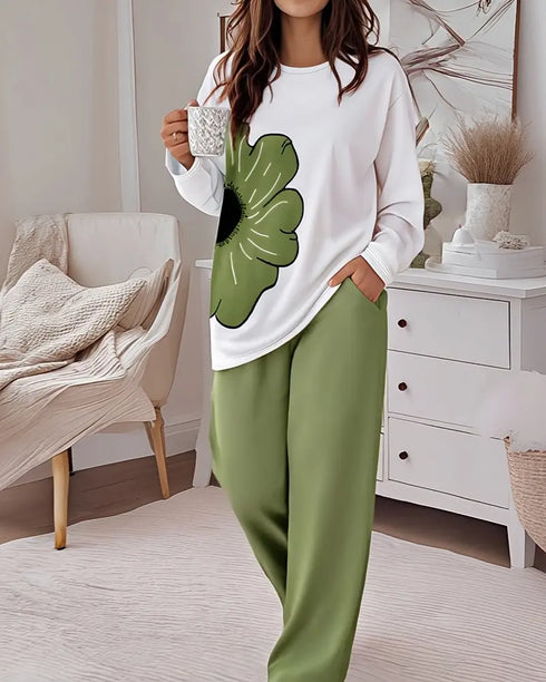 2 Pieces Outfit HAPPY HALLOWEEN Slogan & Graphic Print Long Sleeve Top and Graphic Print Elastic Waist Pants Set Casual Pajamas Set green