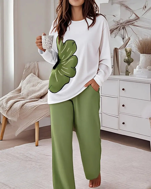 2 Pieces Outfit HAPPY HALLOWEEN Slogan & Graphic Print Long Sleeve Top and Graphic Print Elastic Waist Pants Set Casual Pajamas Set green