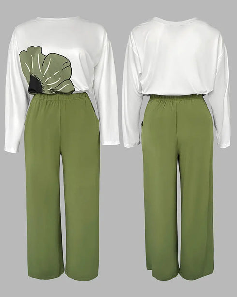 Floral Butterfly Print Round Neck Long Sleeve Top and Causal Pants Set with Pocket green
