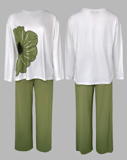2 Pieces Outfit Floral Print Long Sleeve Drop Shoulder Top and Elastic Waist Pants Sets Casual Pajamas Set green