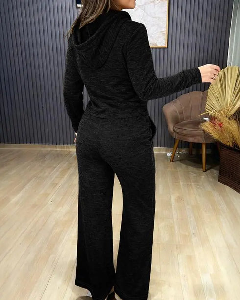 2 Pieces Outfit Long Sleeve Zip Up Drawstring Hoodie Coat and Casual Elastic Waist Seam Front Wide Leg Pants Set black