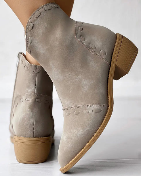 Almond Toe Chunky Heel Ankle Boots Apricot