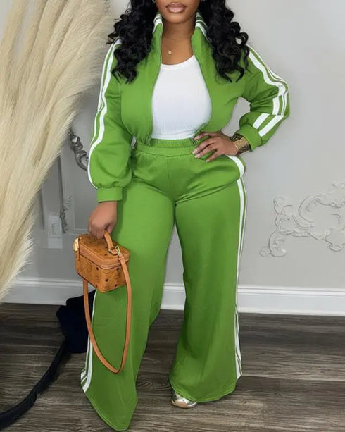 2 Pieces Outfit Stand Collar Zip Up Stretchy Hem Crop Coat and Elastic Waist Wide Leg Pants Set Casual Contrast Side Striped Set green