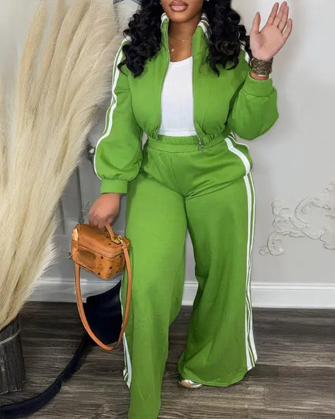2 Pieces Outfit Stand Collar Zip Up Stretchy Hem Crop Coat and Elastic Waist Wide Leg Pants Set Casual Contrast Side Striped Set green