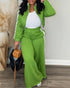 2 Pieces Outfit Stand Collar Zip Up Stretchy Hem Crop Coat and Elastic Waist Wide Leg Pants Set Casual Contrast Side Striped Set green