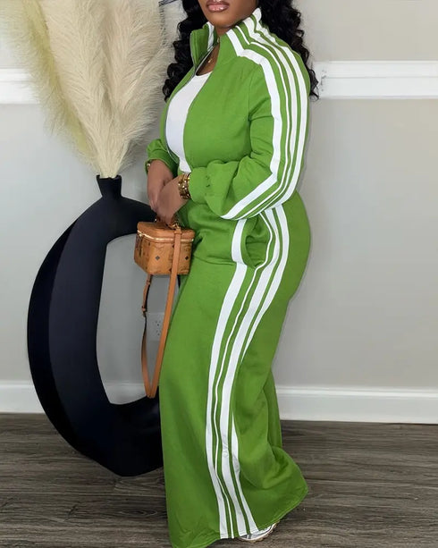 2 Pieces Outfit Stand Collar Zip Up Stretchy Hem Crop Coat and Elastic Waist Wide Leg Pants Set Casual Contrast Side Striped Set green