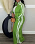 2 Pieces Outfit Stand Collar Zip Up Stretchy Hem Crop Coat and Elastic Waist Wide Leg Pants Set Casual Contrast Side Striped Set green