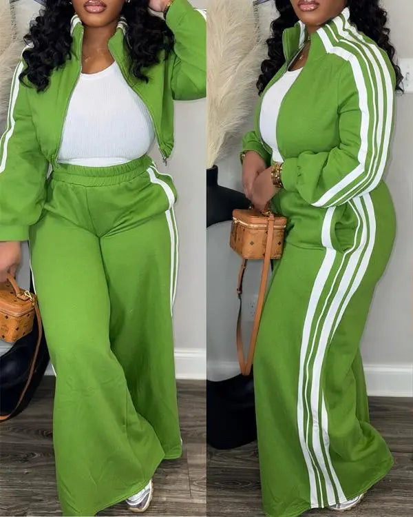 2 Pieces Outfit Stand Collar Zip Up Stretchy Hem Crop Coat and Elastic Waist Wide Leg Pants Set Casual Contrast Side Striped Set green