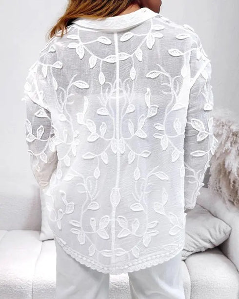 Turn-down Collar See Through Lace Embroidery Blouse Casual Loose Fit Jacquard Long Sleeve Shirt white