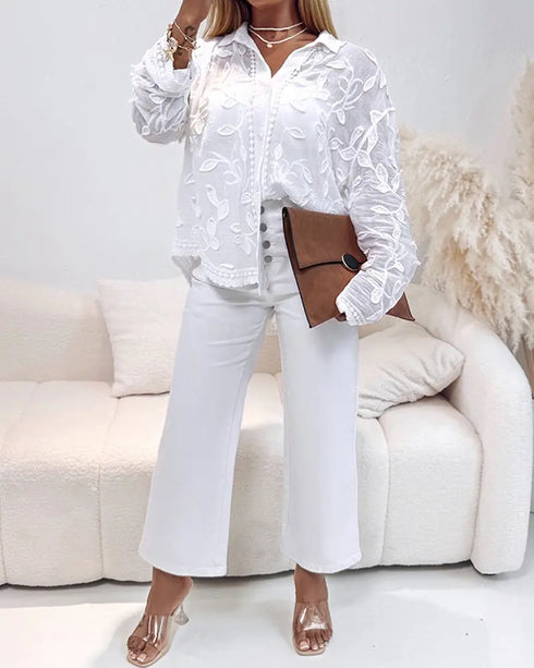 Turn-down Collar See Through Lace Embroidery Blouse Casual Loose Fit Jacquard Long Sleeve Shirt white