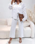 Turn-down Collar See Through Lace Embroidery Blouse Casual Loose Fit Jacquard Long Sleeve Shirt white